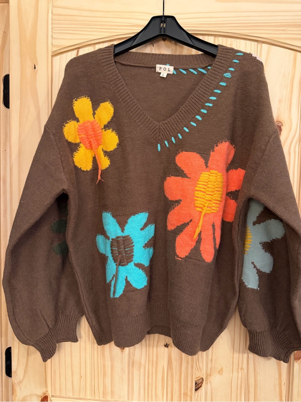 POL Brown Flower Power V-Neck Sweater with Orange, Yellow & Teal Flowers
